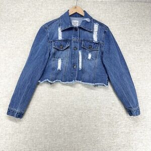 Love Tree Denim Jacket Womens Medium Blue Distressed Cropped Raw Frayed Hem